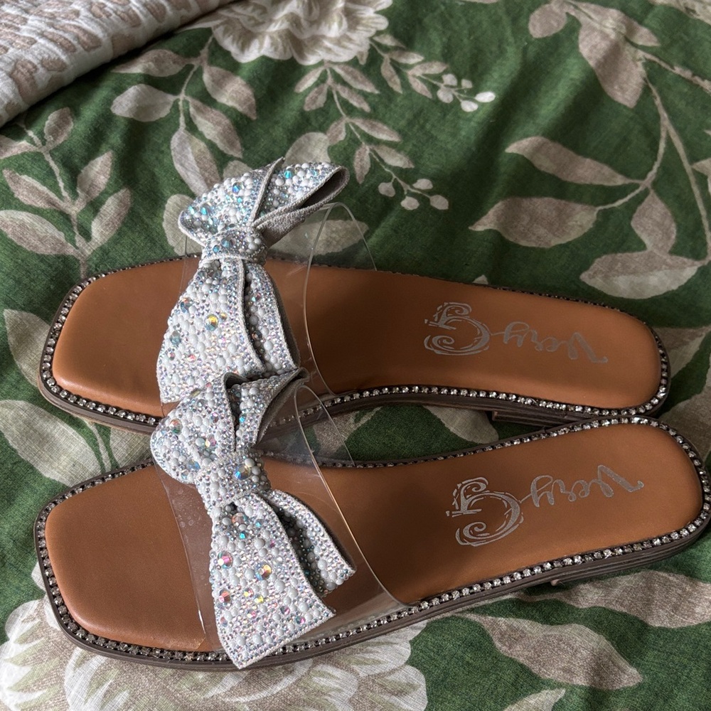 Very G Silver Crystal Bow Slide Sandals